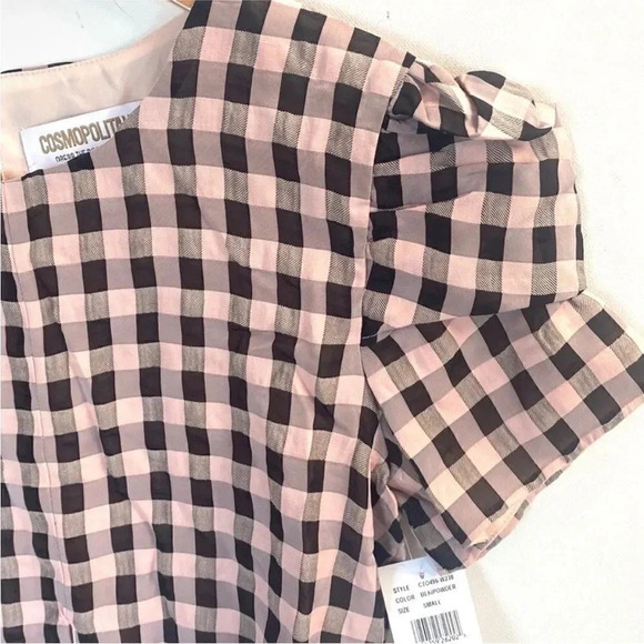 DRESS THE POPULATION Crop Top Size L Short Sleeve Black Pink Plaid Gingham EUC - Picture 2 of 6